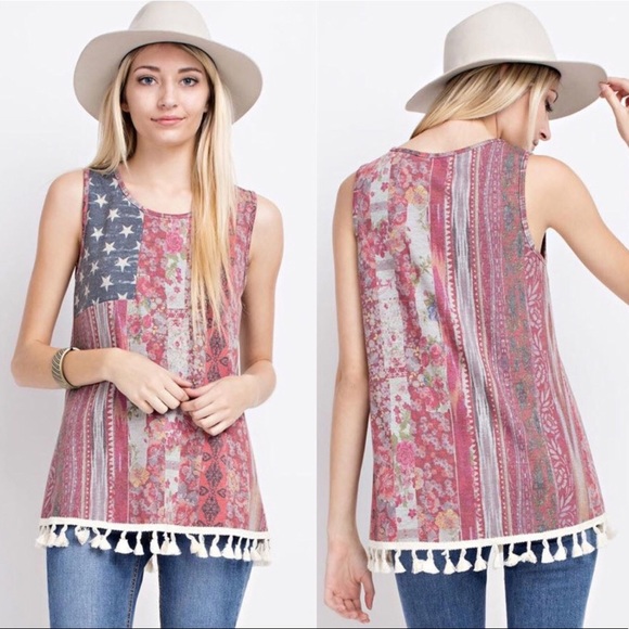 Tops - Boho Patriotic Fourth Of July Top with Tassels